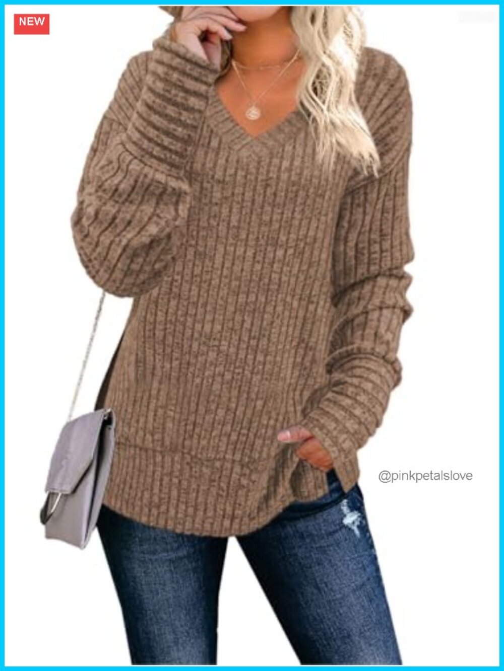 Loose V Neck Long Sleeve Pullover Sweater Casual Womens Top